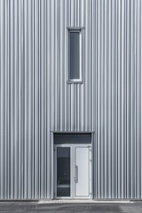 Detailed image of a gray industrial building facade made of sleek aluminum panels, showcasing