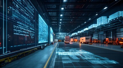 Futuristic virtual twin display showcasing advanced technology and data in a modern,high-tech warehouse setting. The image depicts a futuristic.