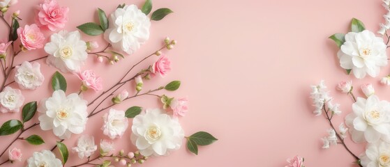 Fototapeta premium Delicate white and pink blossoms elegantly arranged on a soft pink background, creating a serene floral composition perfect for springtime celebrations.