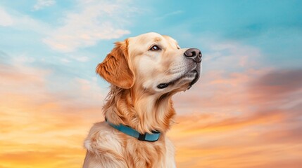 Capture the majestic stature of a golden retriever against a vibrant sunset sky in an oil painting style