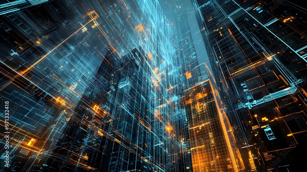 Poster futuristic cityscape with glowing architectural structures,luminous digital visualizations,and intri