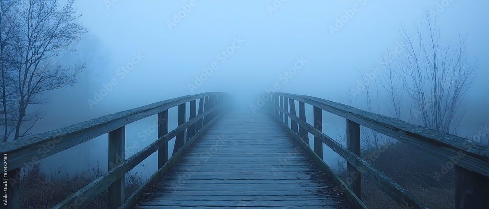 Aufkleber mysterious fog shrouded wooden bridge leading into the unknown with an uncertain destination beyond 