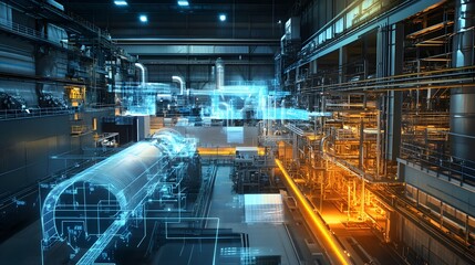 Obraz premium A photograph of a highly advanced,futuristic virtual twin environment of an automated industrial factory,featuring cutting-edge holographic displays,digital interfaces.