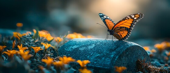 A graceful butterfly flutters delicately over a weathered gravestone its vibrant wings and ethereal movement evoking a sense of transformation rebirth and the intertwined nature of life and death