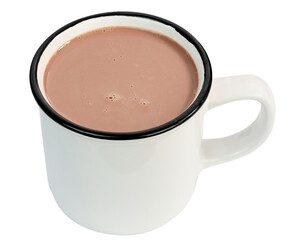 Hot chocolate drink in white mug isolated on white background.