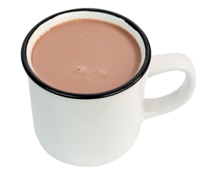 Hot chocolate drink in white mug isolated on white background.