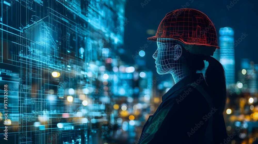 Poster futuristic digital wireframe hologram visualization of a virtual twin or digital avatar helping and 