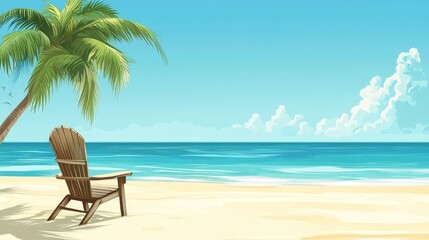 A beach scene with a chair and a palm tree