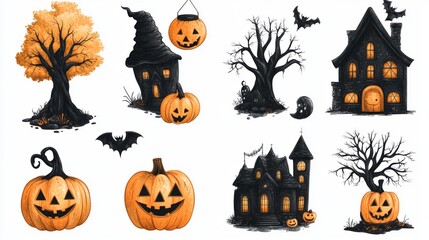 Simple Halloween icon vector illustrations with essential symbols such as haunted houses