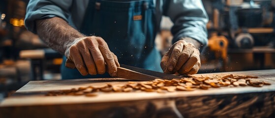 Mastering the Craft Artisan s Expertise Shines in Handmade Woodworking Creation  Close up view of an experienced carpenter s hands skillfully working on a wooden product in a workshop setting