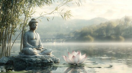 Serene scene of a Buddha statue beside a lotus flower, surrounded by tranquil water and lush greenery during sunrise.