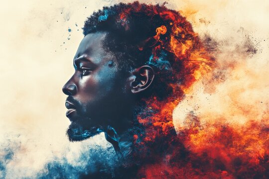 Phytoesthetics biogeoclimatic succulence anthotype and permafrost double exposure portrait of a man with fire and smoke blending into the background