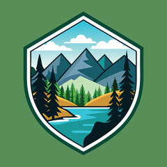 Valley River Mountain Forest Logo Badge Vector illustration on white background.