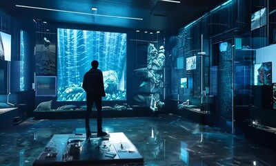 High-tech art gallery with interactive installations, hyperrealistic Video - Powered by Adobe