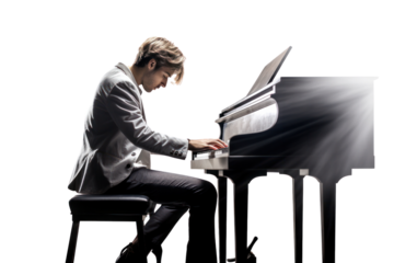 Musical genius playing piano, isolated on white background.