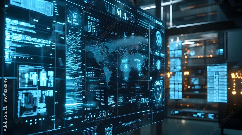 Poster futuristic virtual data interface featuring a detailed world map display,interactive analytics dashb