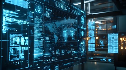 Futuristic virtual data interface featuring a detailed world map display,interactive analytics dashboard,and various data visualizations and indicators. Showcasing advanced digital intelligence.