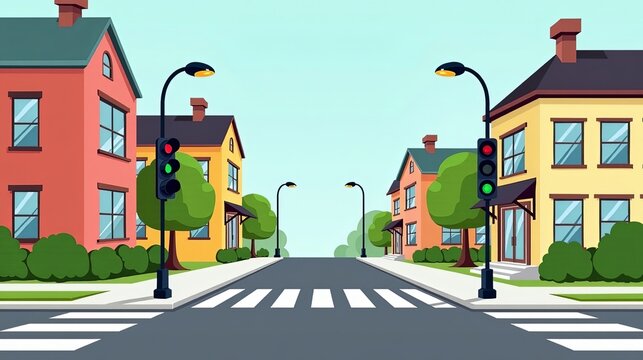 Modern Urban Street Scene with Buildings Traffic Lights and Crosswalks for Pedestrian Safety
