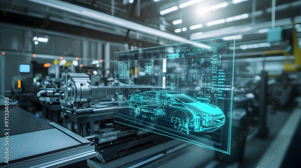 Poster detailed virtual interface displaying a holographic representation of an advanced automotive design,