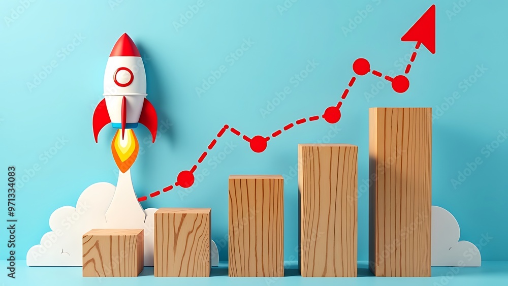 Canvas Prints A rocket ascending alongside a bar chart, symbolizing growth and success in business and technology. Perfect for marketing and innovation themes.