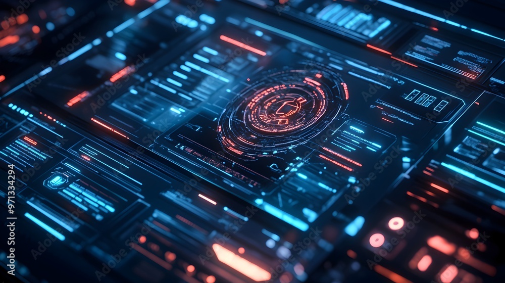 Poster a visually striking and futuristic digital interface displaying holographic data,virtual controls,an