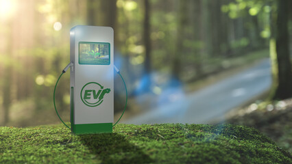 EV Green Charger Concept On Moss Background With Road Through Sunny Green Forest