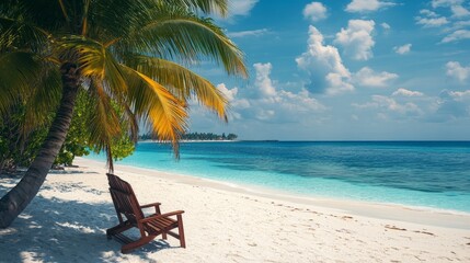 A beach chair is sitting on the sand next to a palm tree