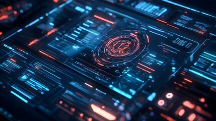 Obraz premium A visually striking and futuristic digital interface displaying holographic data,virtual controls,and a sleek,high-tech design. This image represents the advancement of technology,automation.