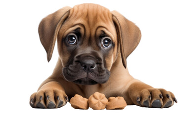 Obraz premium Naughty Bordeaux puppy chasing its own tail, isolated on white background.