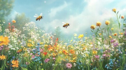 Two bees flying over a colorful meadow filled with wildflowers against a blue sky.
