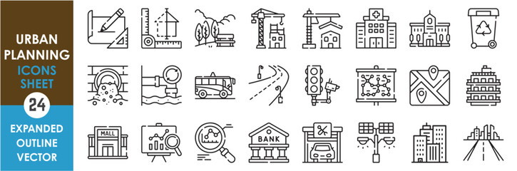 A set of line icons related to Urban Planning. Plan, urban, city, hospital, sewer, apartment, roads, map, mall, architecture, garage, school, subway, and so on. Vector outline icons set.