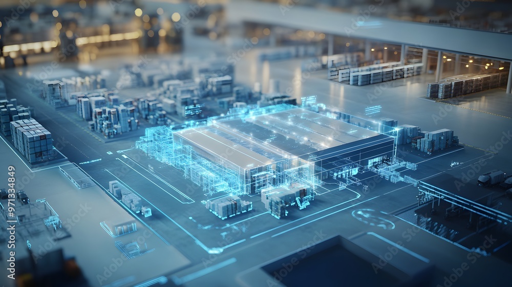 Poster aerial view of a virtual twin model showcasing the intricate digital infrastructure and interconnect