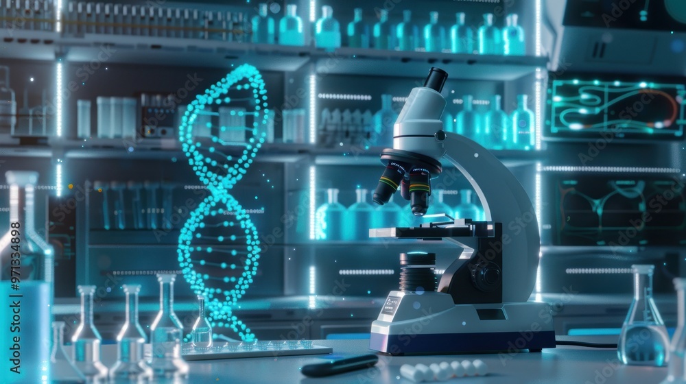 Poster microscope and dna helix in a science laboratory