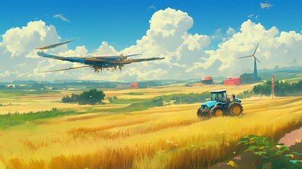Fototapeta premium A futuristic aircraft flying over a rural landscape with a tractor and a windmill