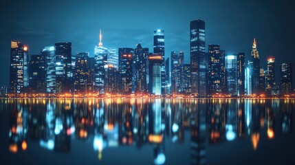 Obraz premium Digital Skyline: Illuminated Skyscrapers and Calm Reflections.