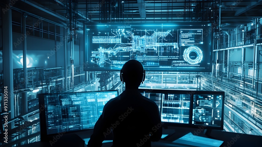 Poster futuristic virtual twin overseeing an integrated digital platform with advanced data analytics,visua