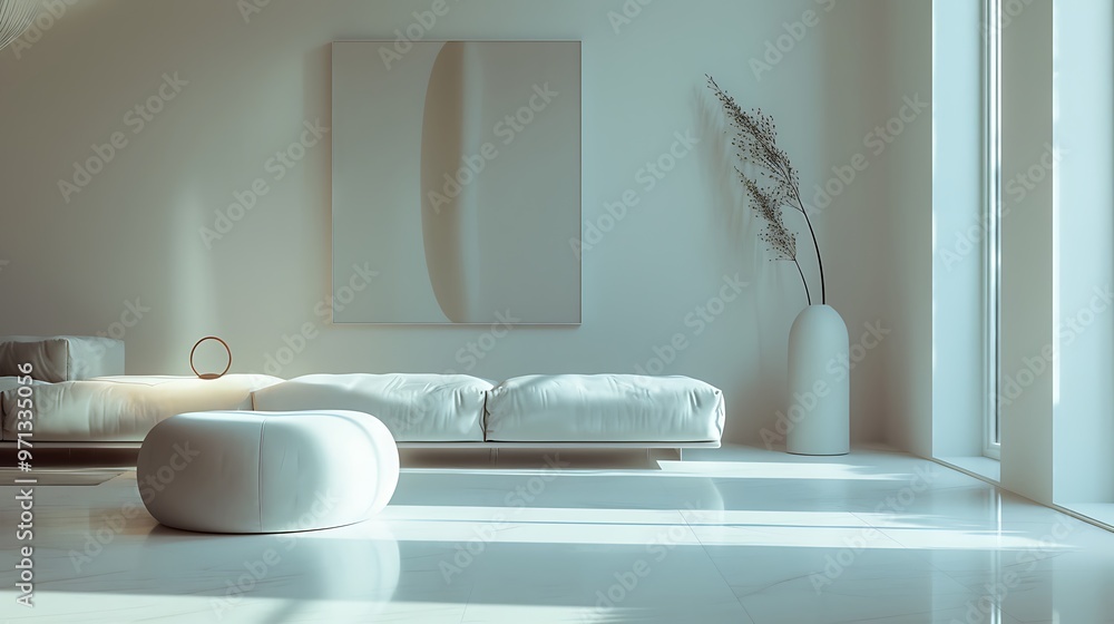 Poster a serene, minimalistic 3d render of a modern lifestyle scene, with sleek furniture and abstract shap