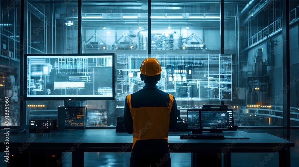 Poster a virtual command center operator overseeing a vast digital display system with real-time data analy