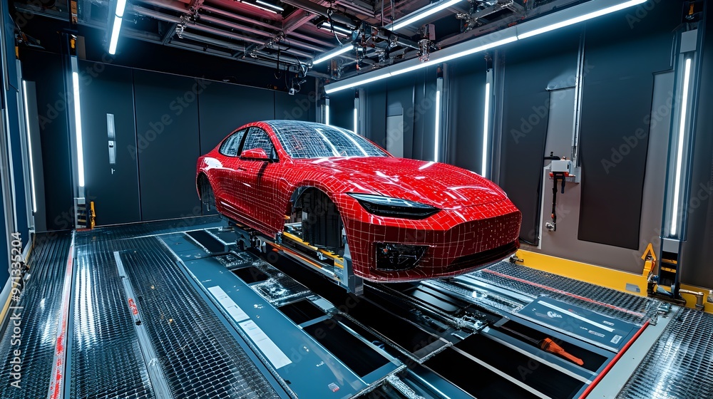 Poster a high-performance,sleek and technologically advanced electric race car concept is displayed in a fu