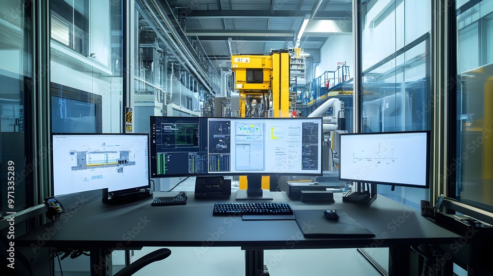 Poster A virtual twin simulation on multiple computer screens and monitors in a high-tech industrial laboratory or research and development environment,showcasing advanced digital technology,data analysis.