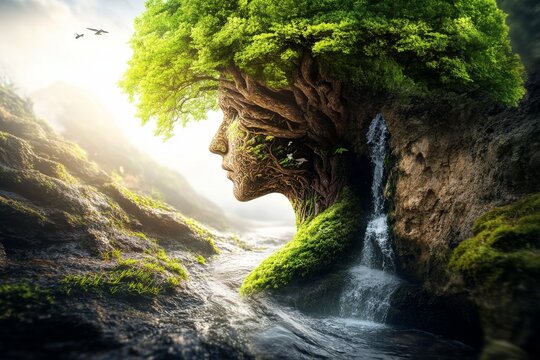 Ecophysiology bioturbation spatiotemporal successional and biostratigraphy majestic landscape of a waterfall flowing from a head shaped tree blending nature and art