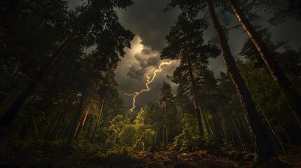 A lightning bolt strikes over a dark forest, illuminating the trees.
