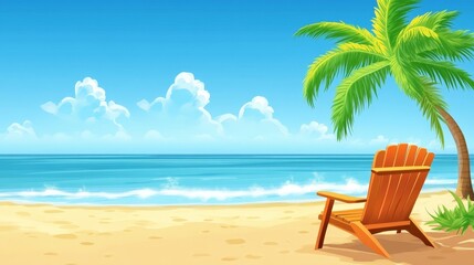 A beach scene with a palm tree and a chair