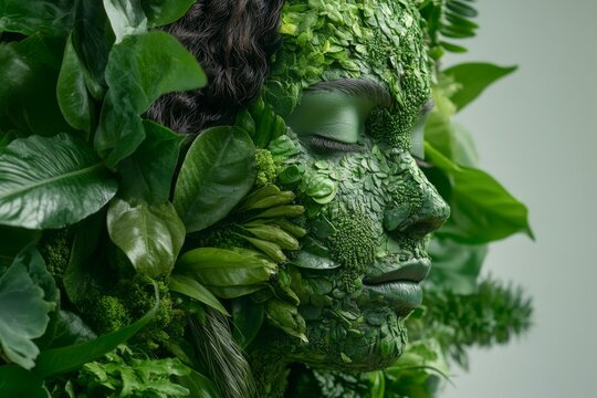 Phytoncide orographic mycoheterotroph autecology and ecotone sculpture of a face entirely covered with leaves symbolizing unity with nature