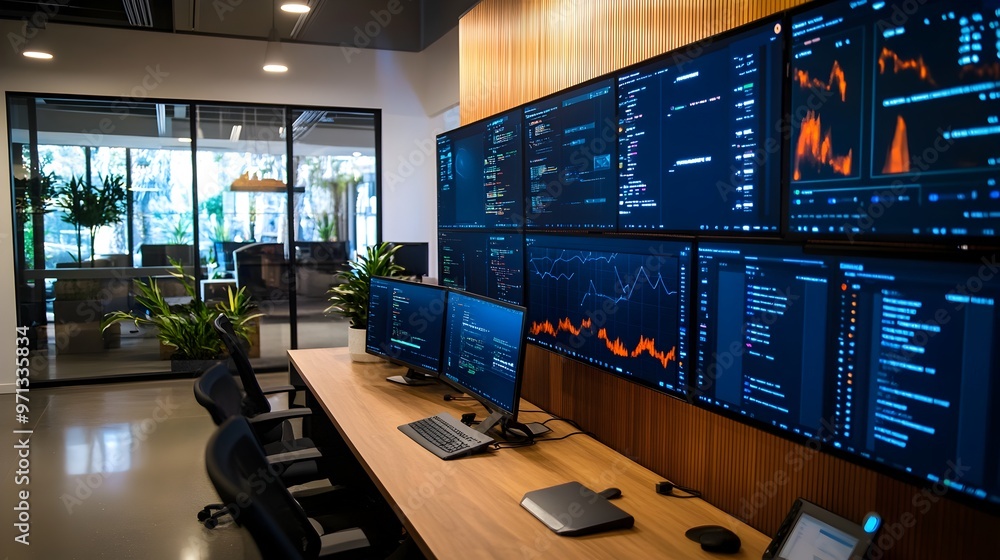 Poster photograph of an advanced ai-powered financial trading dashboard with multiple digital displays show