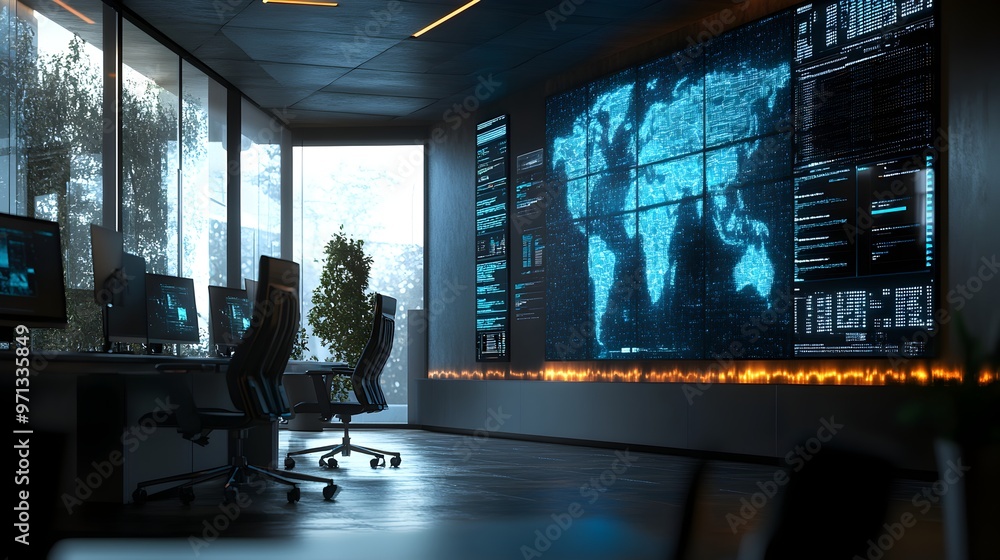 Poster a futuristic workspace with a large digital dashboard displaying global data and analytics.