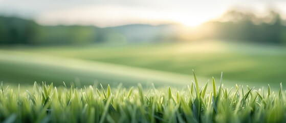 Morning Dew on Lush Grass, sun rising over a gentle landscape, illuminating vibrant green blades, soft focus highlighting natures tranquility and freshness.