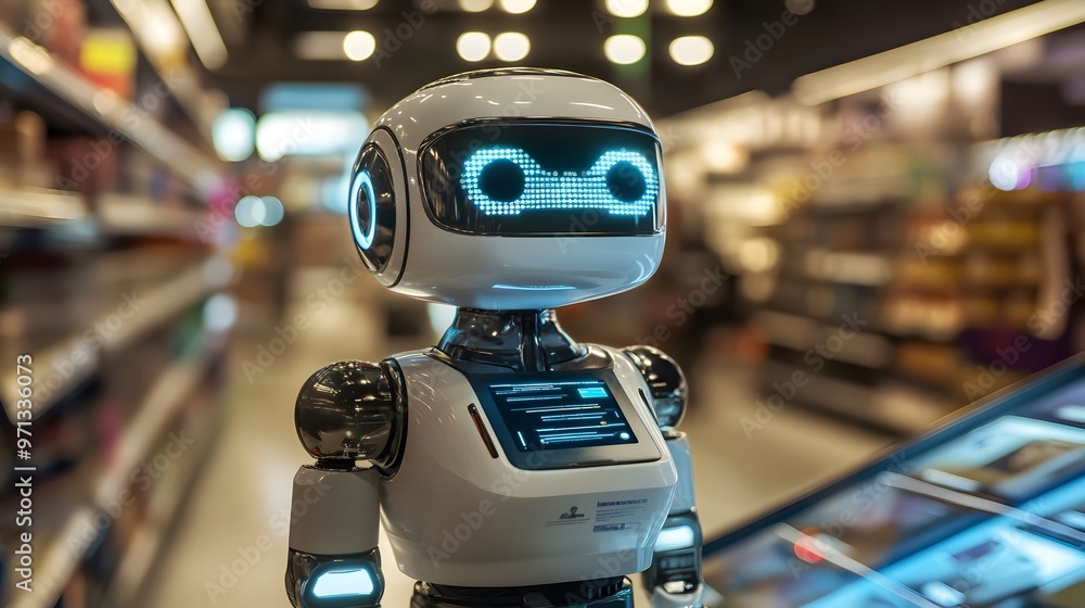 Poster a photograph of an ai-driven chatbot providing assistance and support to customers in a futuristic,d