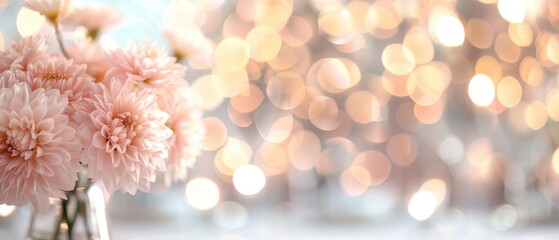 Soft pink chrysanthemums against a shimmering background, delicate petals contrasting with warm, glowing bokeh, evoking a serene and romantic atmosphere.