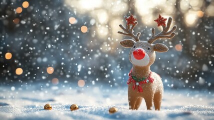 3D rendering of a red-nosed reindeer toy with festive decorations in a snowy winter landscape